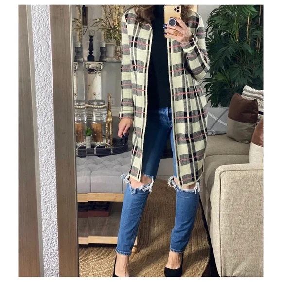 14 Plaid Open Light Chic Knit Jacket Cardigan - Picture 2 of 4